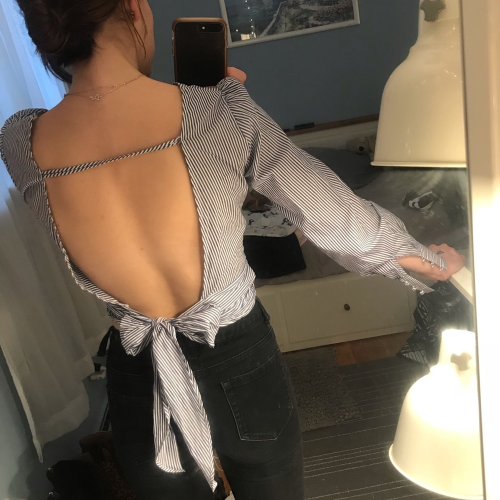 Open back, striped top with wrap around